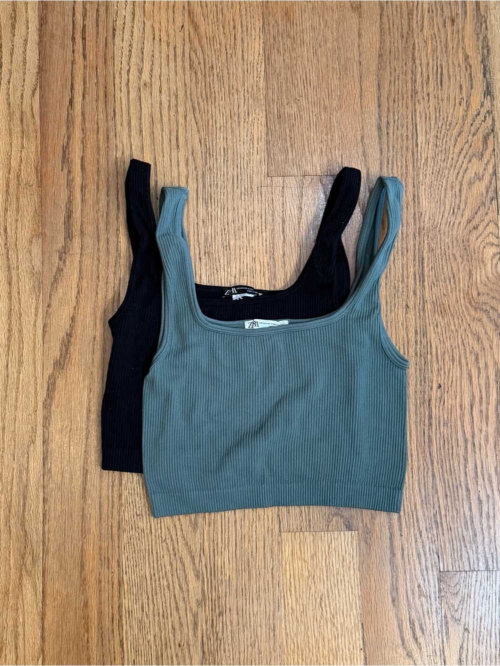Zara Ribbed Square-Neck Crop Tank Duo - Black & Green
